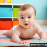 영양 상담 사례 분석 - **A baby happily gurgling while lying on a soft, colorful playmat, wearing a clean, well-fitting dia...