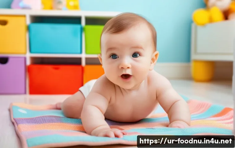 영양 상담 사례 분석 - **A baby happily gurgling while lying on a soft, colorful playmat, wearing a clean, well-fitting dia...